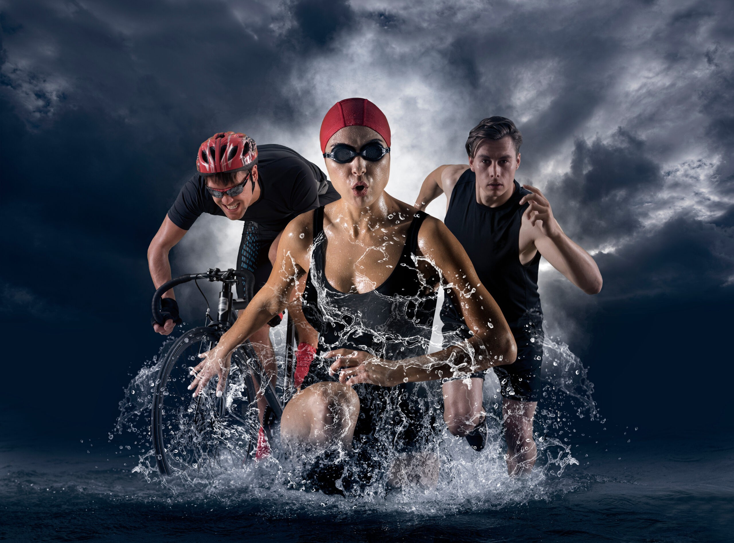 Triathlon sport collage. Man, woman running, swimming, biking