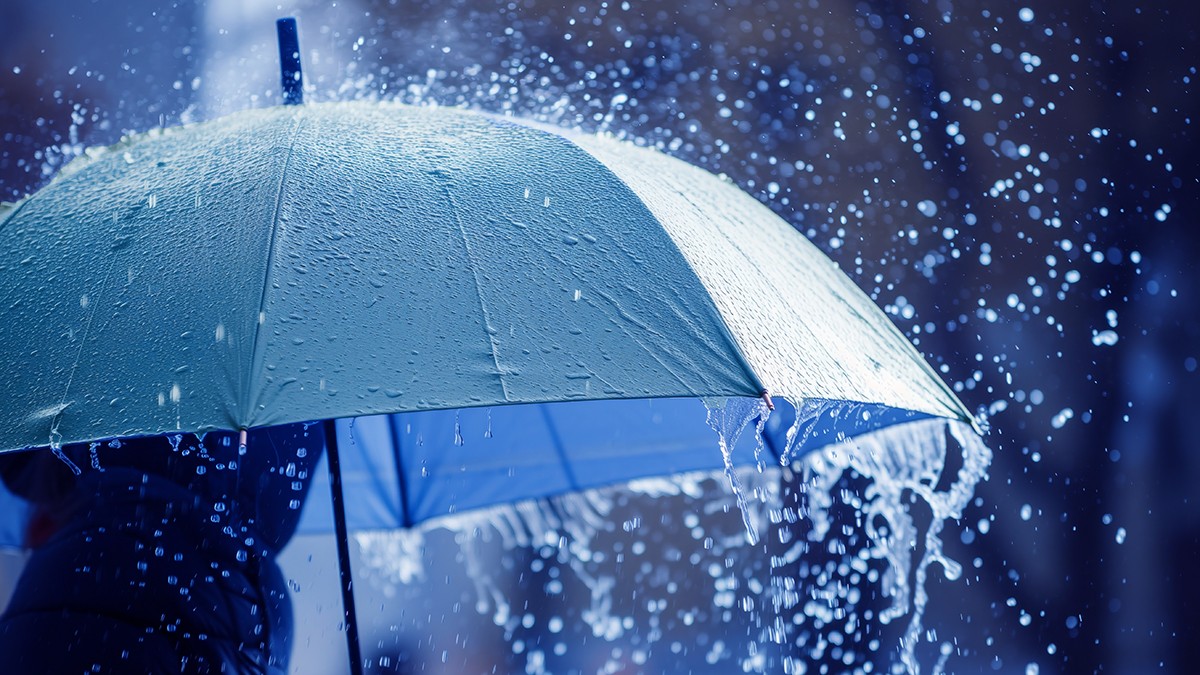 person testing umbrella durability in simulated rain
